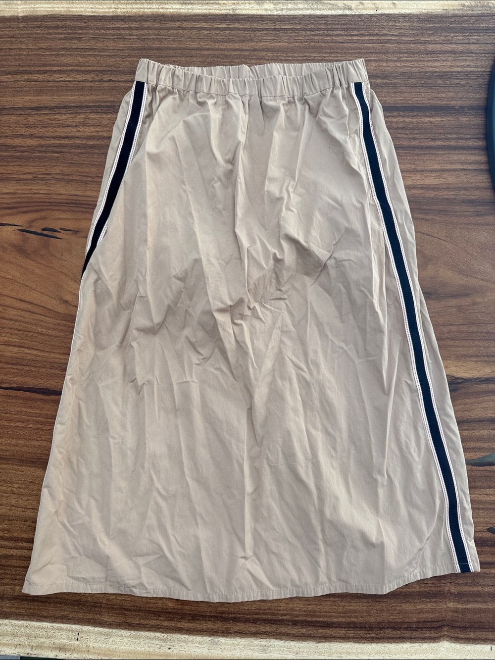Maeve Beige Maxi Skirt with Black, White, and Red Side Stripes